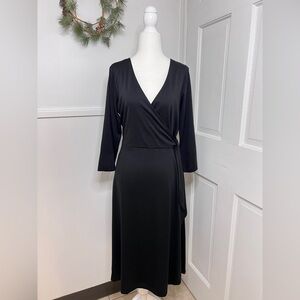 Wool& Ellie Black Faux Wrap Merino Wool Midi Dress